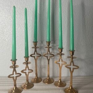 Vintage brass candlestick holders with a cross shaped stem design Set Of 6